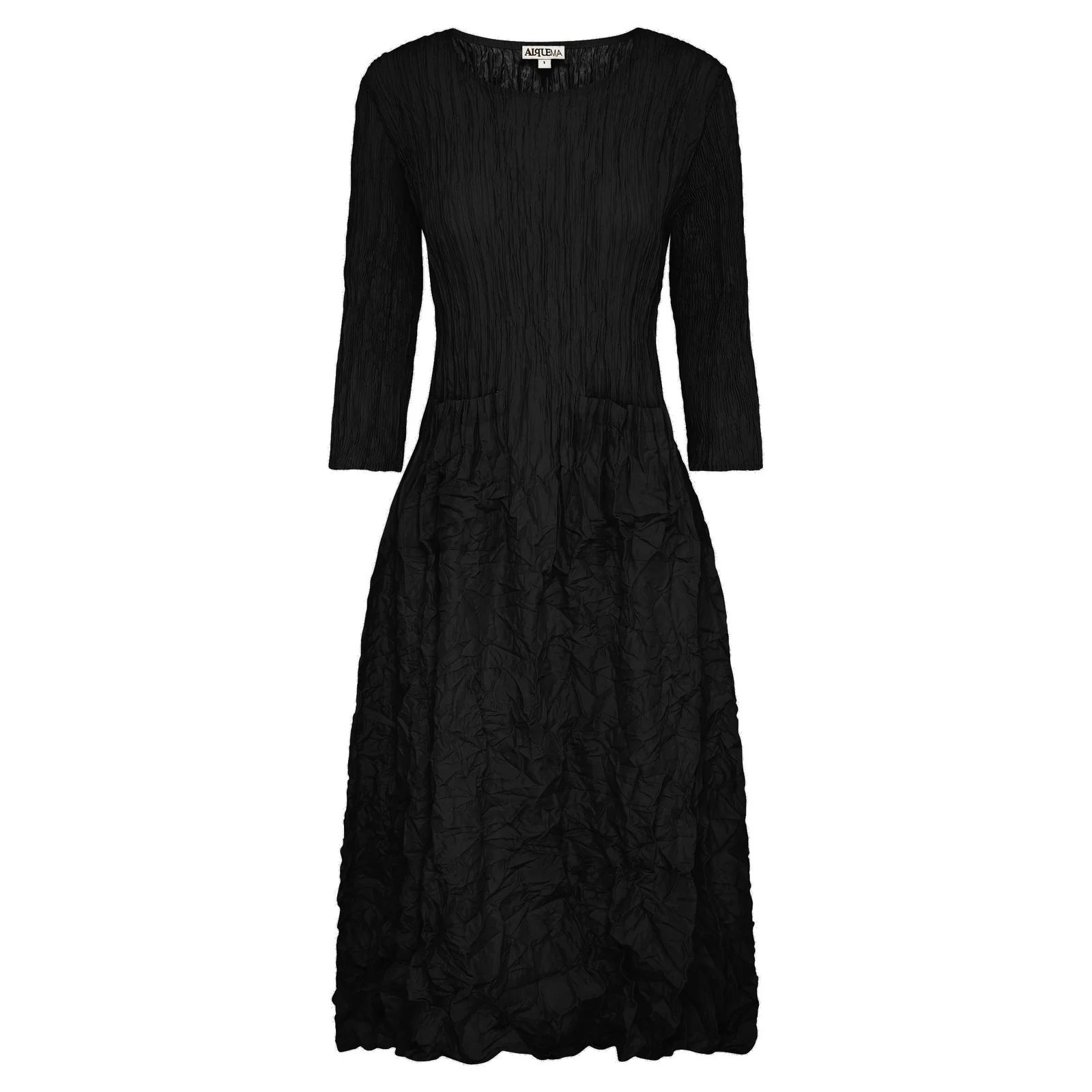 3_4 slv smash black Alquema 3/4 Sleeve Smash Pocket Dress in Black, cinched waist midi dress with front pockets