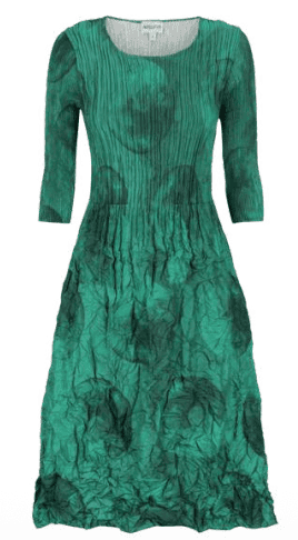 3_4 slv smash emerald moon Alquema 3/4 Sleeve Smash Pocket Dress in Emerald Moon, cinched waist midi dress with front pockets
