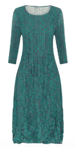 3_4 slv smash peacock scroll Alquema 3/4 Sleeve Smash Pocket Dress in Peacock Scroll, cinched waist midi dress with front pockets