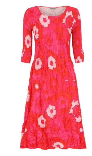 3_4 slv smash pink flwr spot Alquema 3/4 Sleeve Smash Pocket Dress in Pink Flower Spot, cinched waist midi dress with front pockets