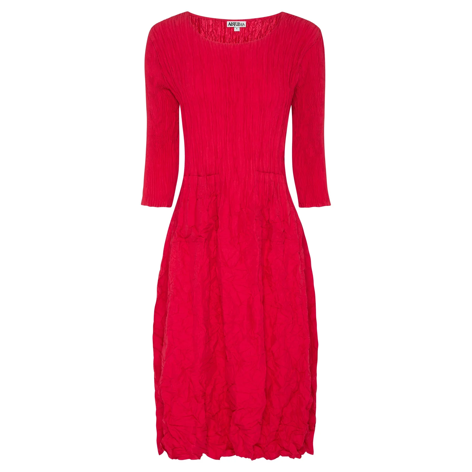 3_4 slv smash raspberry Alquema 3/4 Sleeve Smash Pocket Dress in Raspberry, cinched waist midi dress with front pockets