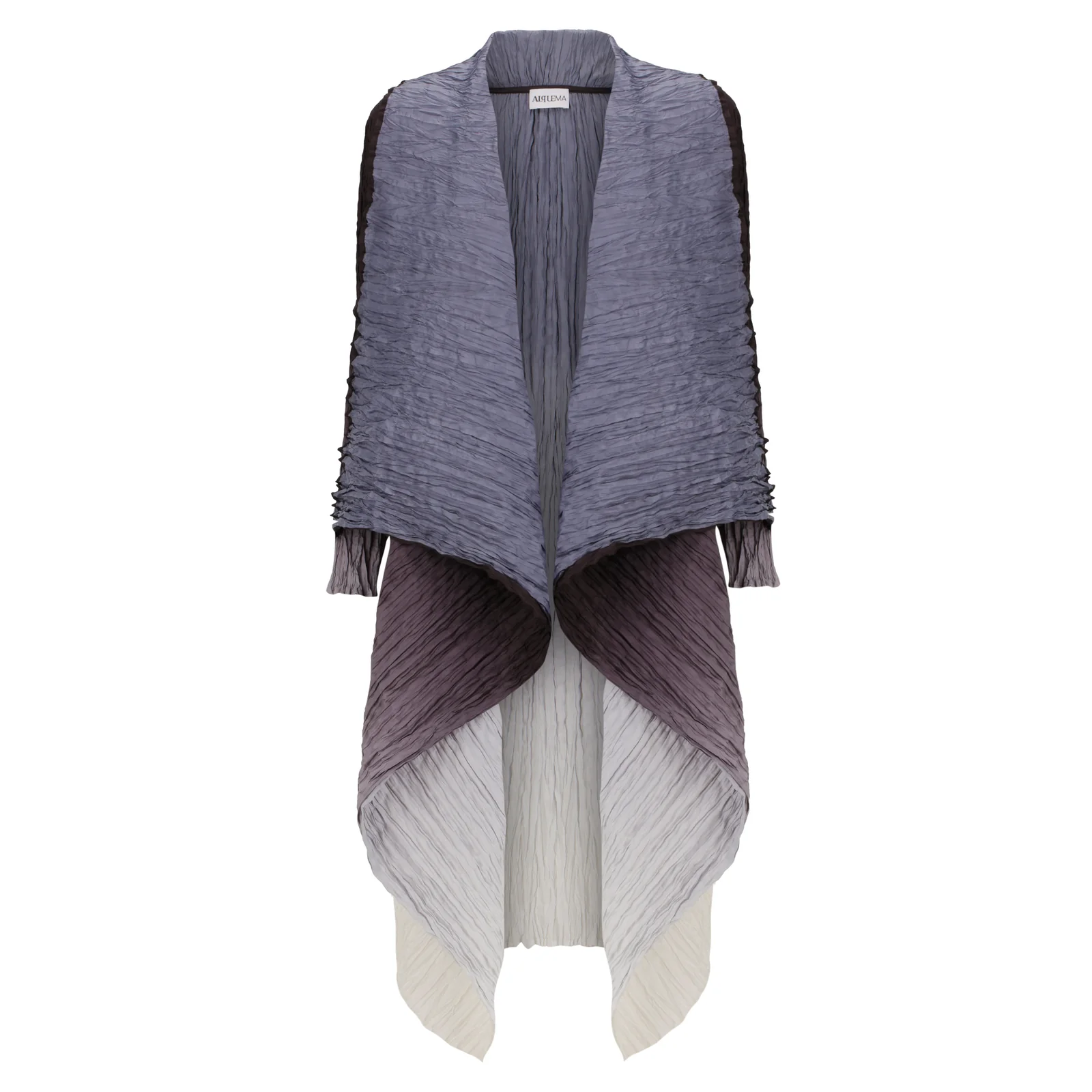 Alquema Havana-Coat-Onyx-to-Snow-Ombre Alquema Havana Coat in Onyx to Snow, satin layering piece with waterfall collar