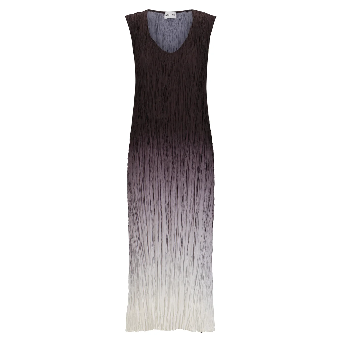 Alquema Havana Dress in Onyx to Snow, sleeveless pleated satin midi dress