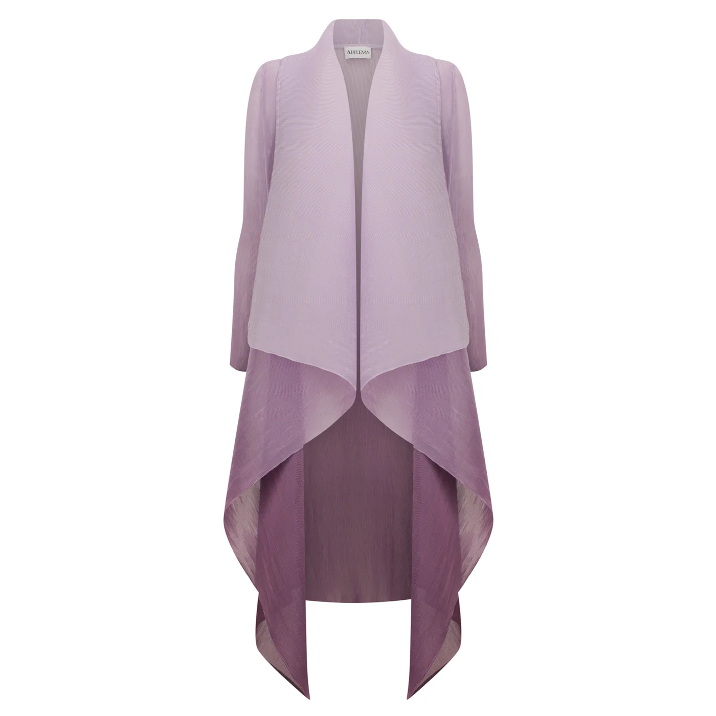 Alquema Long Collare Coat in Foggy Lavender, chiffon layering piece with waterfall collar