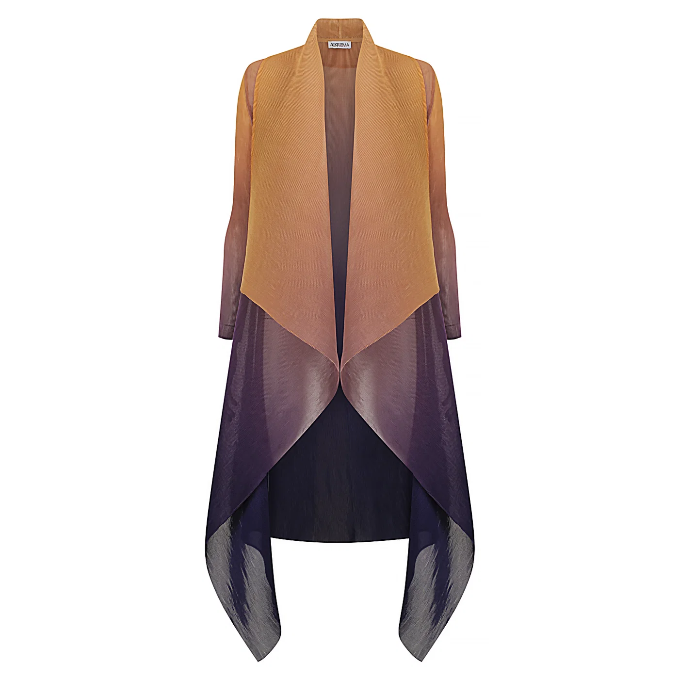Alquema Long Collare Coat in Honey Gold, chiffon layering piece with waterfall collar