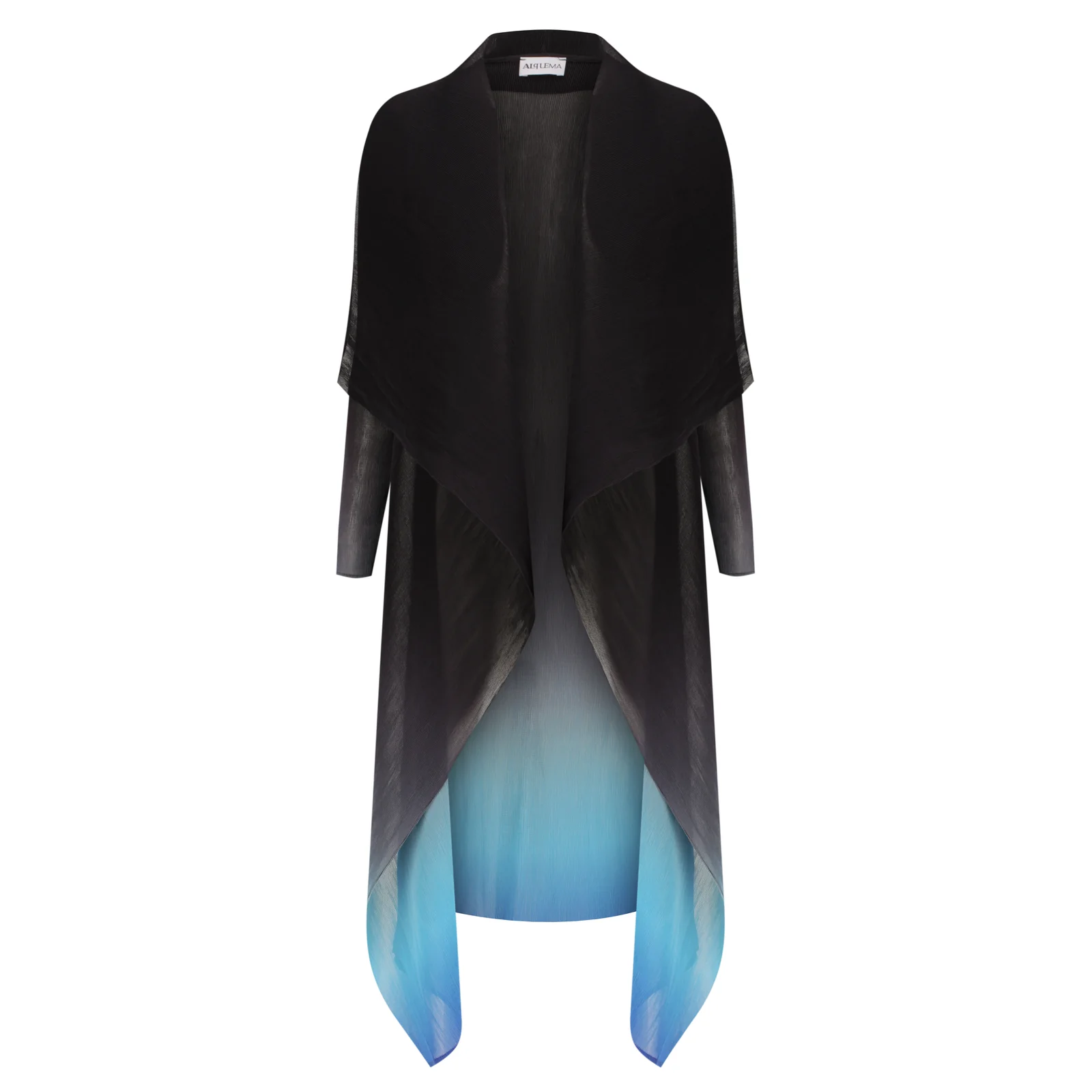 Alquema Long Collare Coat in Onyx to Malibu Blues, chiffon layering piece with waterfall collar