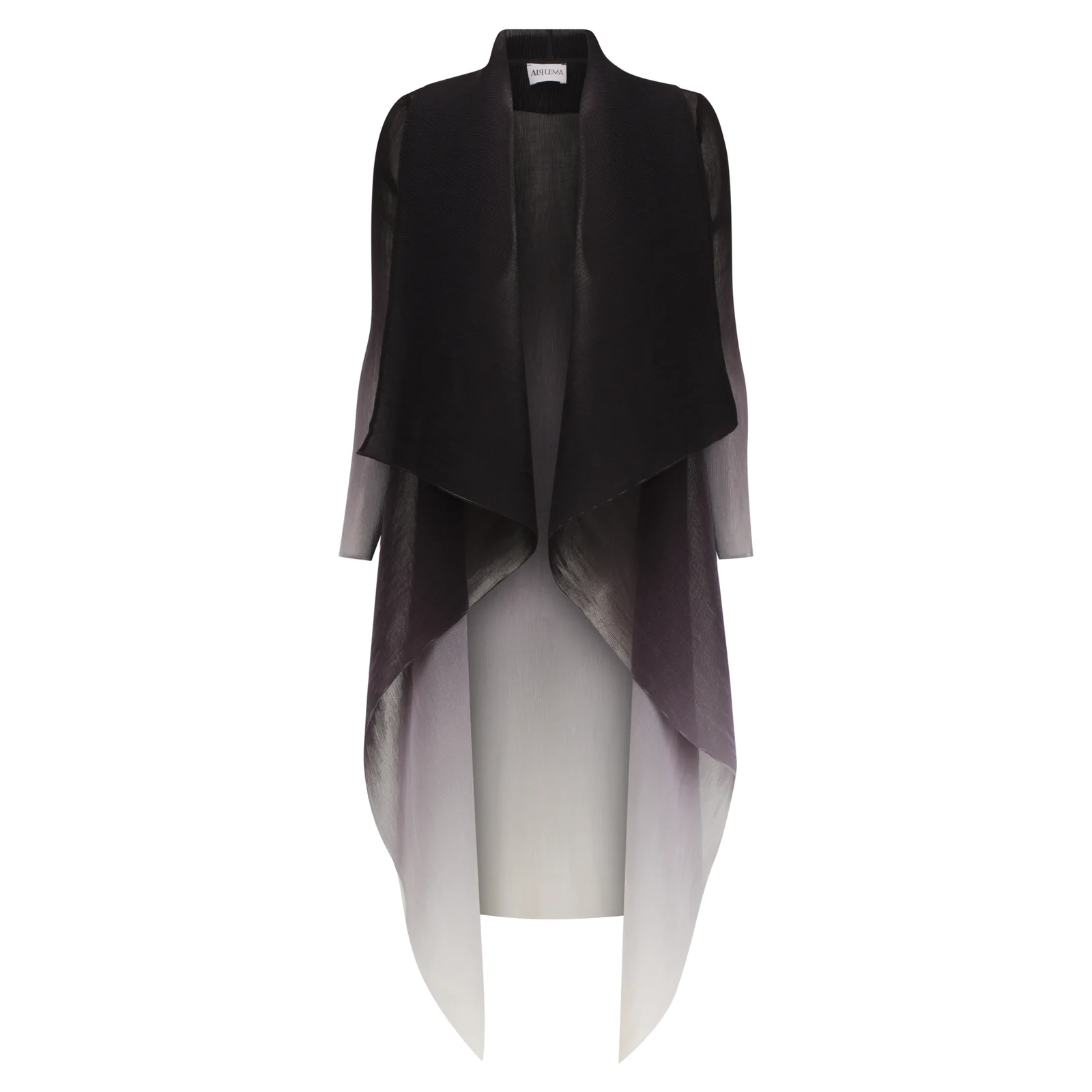 Alquema Long Collare Coat in Onyx to Snow, chiffon layering piece with waterfall collar