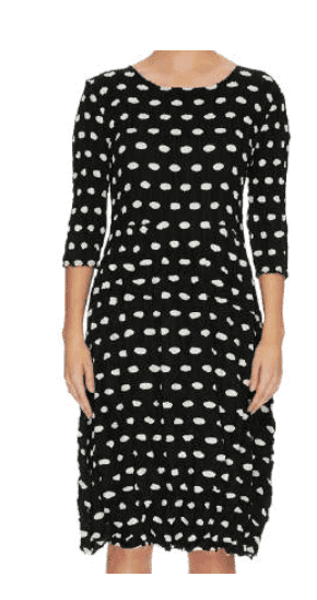 alquema 3_4 smash elliptical spot Alquema 3/4 Sleeve Smash Pocket Dress in Elliptical Spot, cinched waist midi dress with front pockets