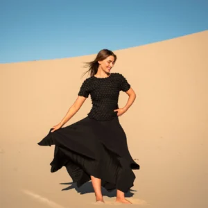 Alquema Shutter Skirt in Black, pleated skirt with asymmetrical hem